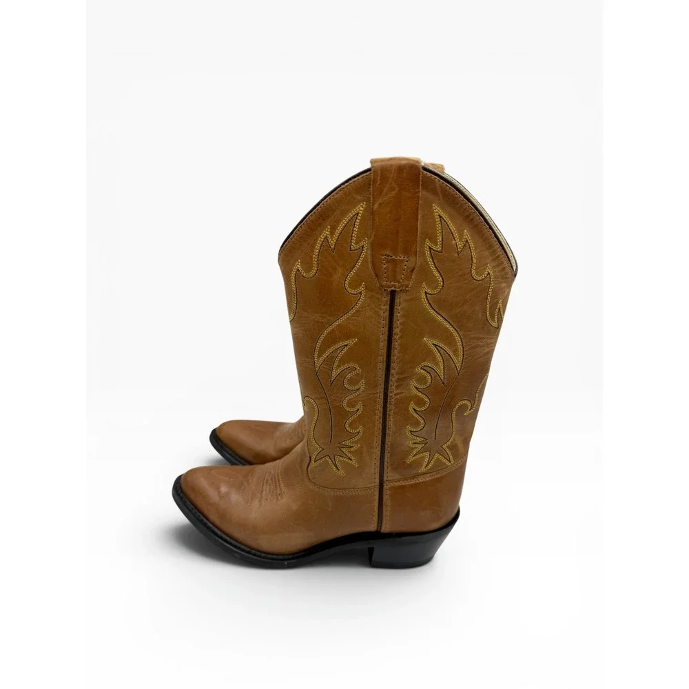Old West Kids Tan Leather Cowboy Boots CCY8129G Brown Western Pointed Toe 4.0